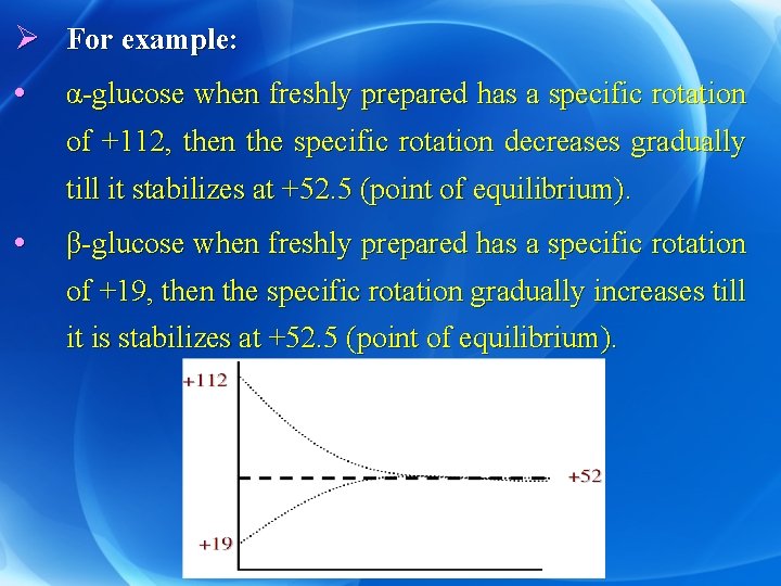 Ø For example: • α-glucose when freshly prepared has a specific rotation of +112,