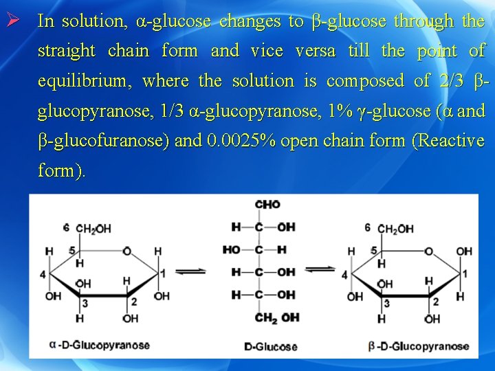 Ø In solution, α-glucose changes to β-glucose through the straight chain form and vice