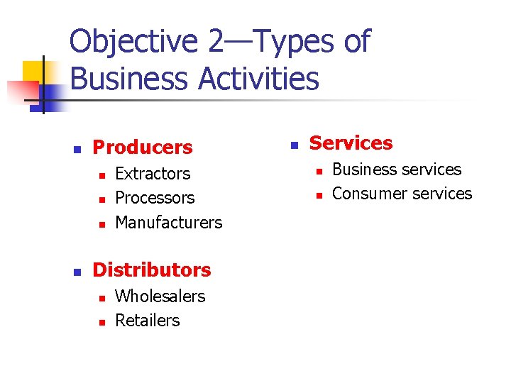 Objective 2—Types of Business Activities n Producers n n Extractors Processors Manufacturers Distributors n