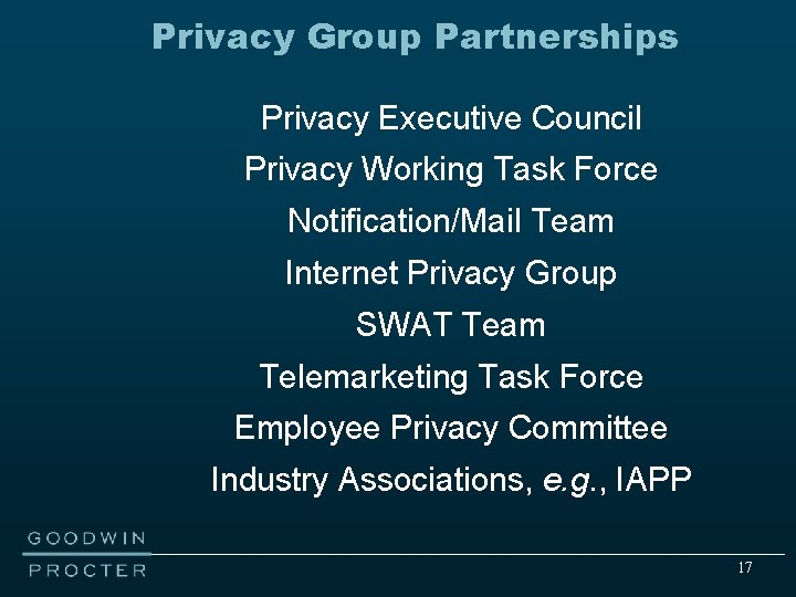 Privacy Group Partnerships Privacy Executive Council Privacy Working Task Force Notification/Mail Team Internet Privacy