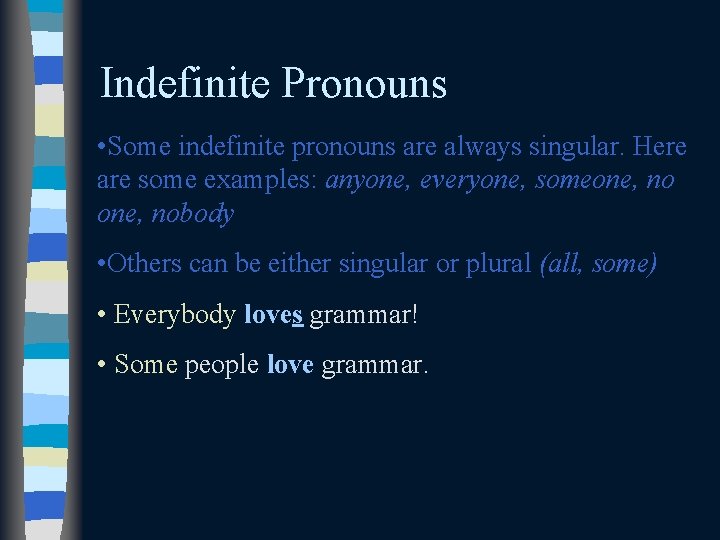 Indefinite Pronouns • Some indefinite pronouns are always singular. Here are some examples: anyone,