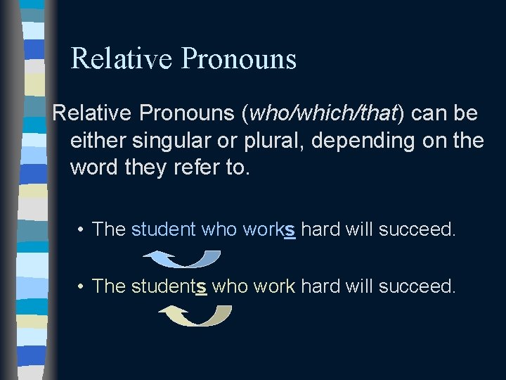 Relative Pronouns (who/which/that) can be either singular or plural, depending on the word they