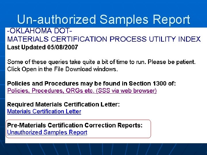 Un-authorized Samples Report 