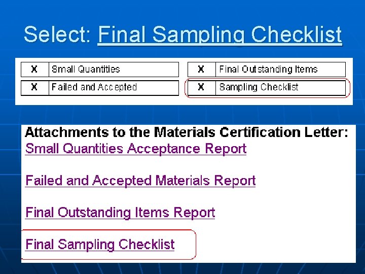 Select: Final Sampling Checklist 