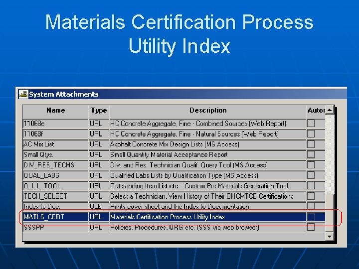 Materials Certification Process Utility Index 