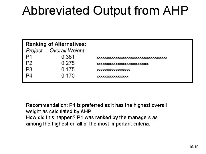 Abbreviated Output from AHP Recommendation: P 1 is preferred as it has the highest