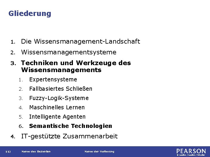 Gliederung 1. Die Wissensmanagement-Landschaft 2. Wissensmanagementsysteme 3. Techniken und Werkzeuge des Wissensmanagements 4. 112