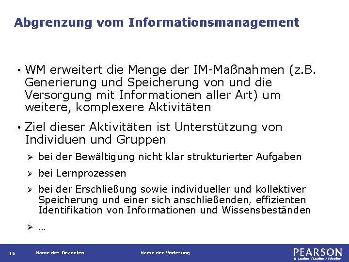 Abgrenzung vom Informationsmanagement 16 • WM erweitert die Menge der IM-Maßnahmen (z. B. Generierung