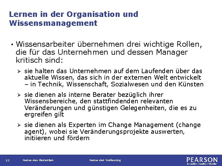 Lernen in der Organisation und Wissensmanagement • 32 Wissensarbeiter übernehmen drei wichtige Rollen, die