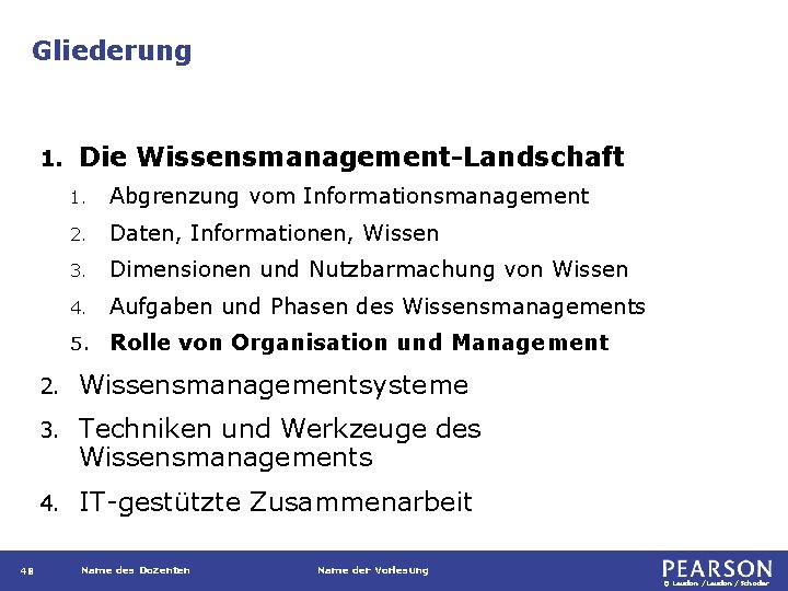 Gliederung 1. 48 Die Wissensmanagement-Landschaft 1. Abgrenzung vom Informationsmanagement 2. Daten, Informationen, Wissen 3.