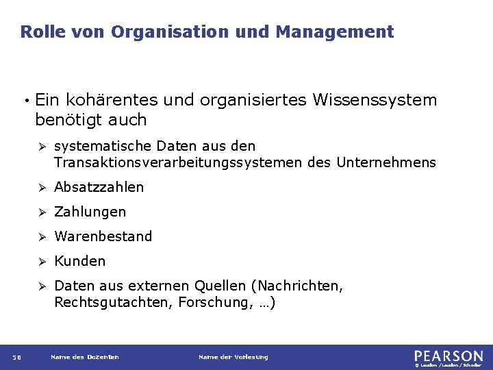 Rolle von Organisation und Management • 50 Ein kohärentes und organisiertes Wissenssystem benötigt auch