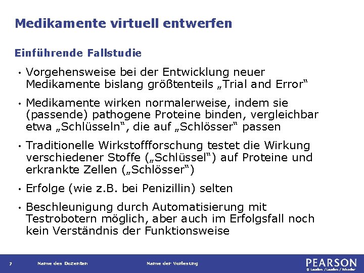 Medikamente virtuell entwerfen Einführende Fallstudie 7 • Vorgehensweise bei der Entwicklung neuer Medikamente bislang