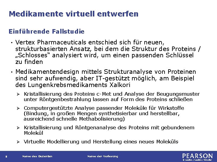 Medikamente virtuell entwerfen Einführende Fallstudie 8 • Vertex Pharmaceuticals entschied sich für neuen, strukturbasierten