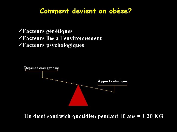 Comment devient on obèse? üFacteurs génétiques üFacteurs liés à l’environnement üFacteurs psychologiques Dépense énergétique