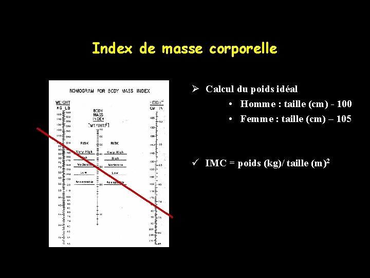 Index de masse corporelle Ø Calcul du poids idéal • Homme : taille (cm)