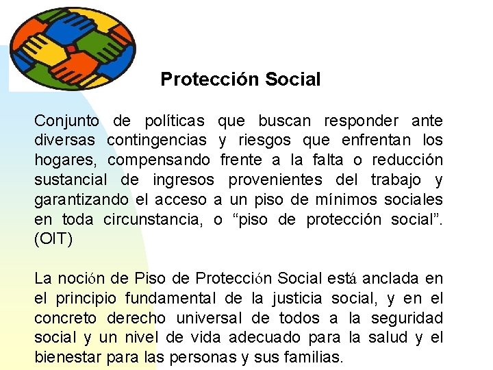 Protección Social Conjunto de políticas que buscan responder ante diversas contingencias y riesgos que