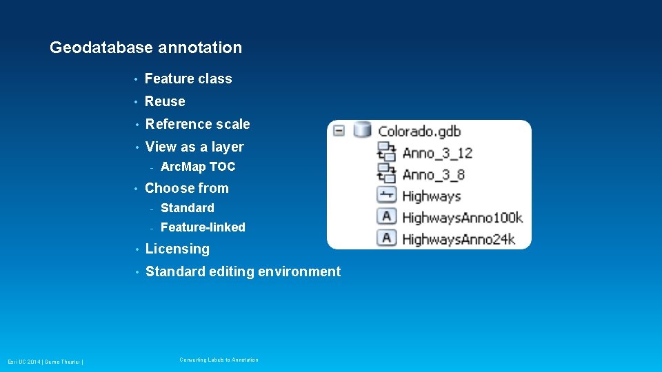 Geodatabase annotation • Feature class • Reuse • Reference scale • View as a