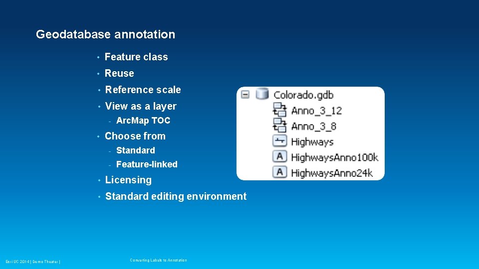 Geodatabase annotation • Feature class • Reuse • Reference scale • View as a Geodatabase annotation • Feature class • Reuse • Reference scale • View as a