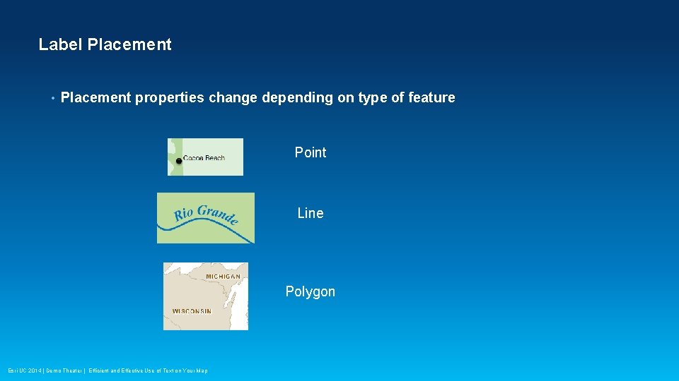 Label Placement • Placement properties change depending on type of feature Point Line Polygon