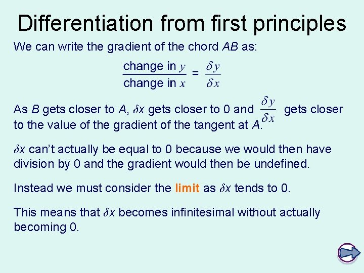 Differentiation from first principles We can write the gradient of the chord AB as: