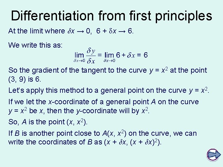 Differentiation from first principles At the limit where δx → 0, 6 + δx