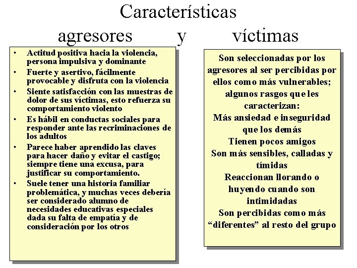 Características agresores y víctimas • • • Actitud positiva hacia la violencia, persona impulsiva