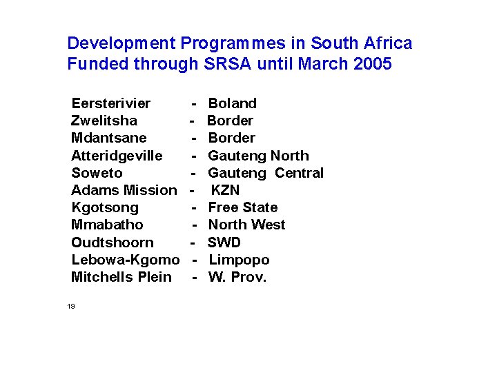 Development Programmes in South Africa Funded through SRSA until March 2005 Eersterivier Zwelitsha Mdantsane