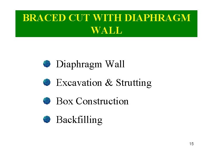 BRACED CUT WITH DIAPHRAGM WALL Diaphragm Wall Excavation & Strutting Box Construction Backfilling 15