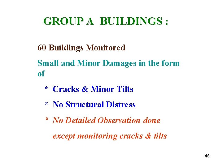 GROUP A BUILDINGS : 60 Buildings Monitored Small and Minor Damages in the form