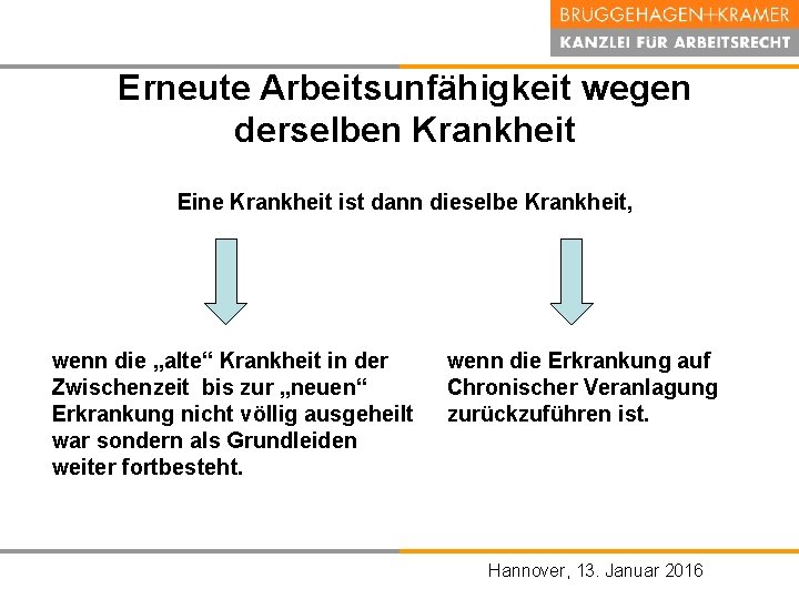 Erneute Arbeitsunfähigkeit wegen derselben Krankheit Eine Krankheit ist dann dieselbe Krankheit, wenn die „alte“