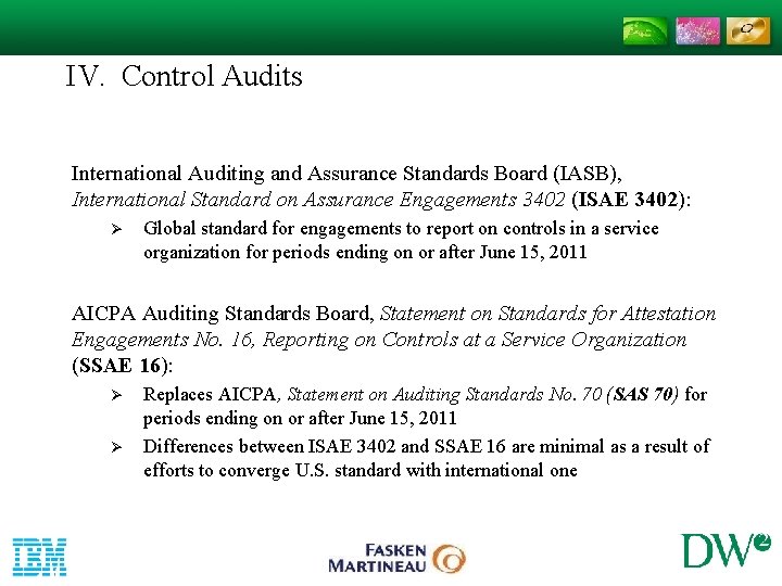 IV. Control Audits International Auditing and Assurance Standards Board (IASB), International Standard on Assurance IV. Control Audits International Auditing and Assurance Standards Board (IASB), International Standard on Assurance