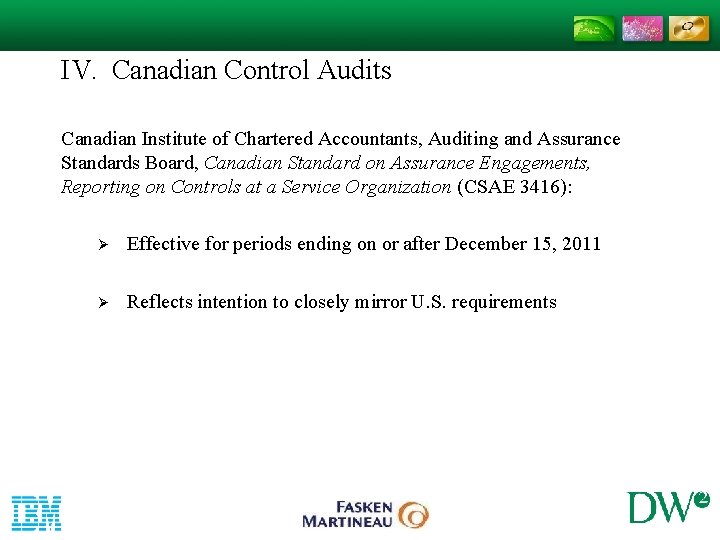 IV. Canadian Control Audits Canadian Institute of Chartered Accountants, Auditing and Assurance Standards Board, IV. Canadian Control Audits Canadian Institute of Chartered Accountants, Auditing and Assurance Standards Board,
