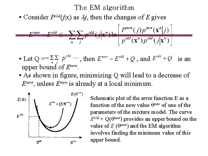 The EM algorithm • Consider Pold(j|x) as lj, then the changes of E gives