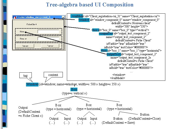 Tree-algebra based UI Composition tag <cui. Model id="Client_registration-cui_31" name="Client_registration-cui"> <window id="window_component_0" name="window_component_0" default. Content=