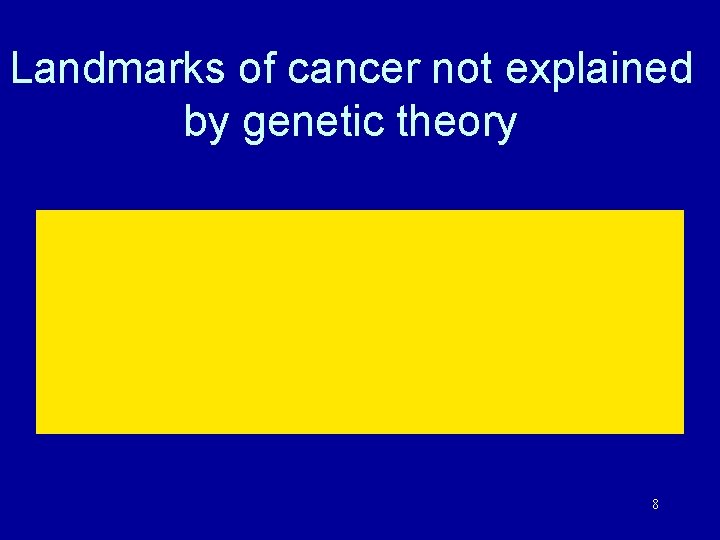 Landmarks of cancer not explained by genetic theory 8 