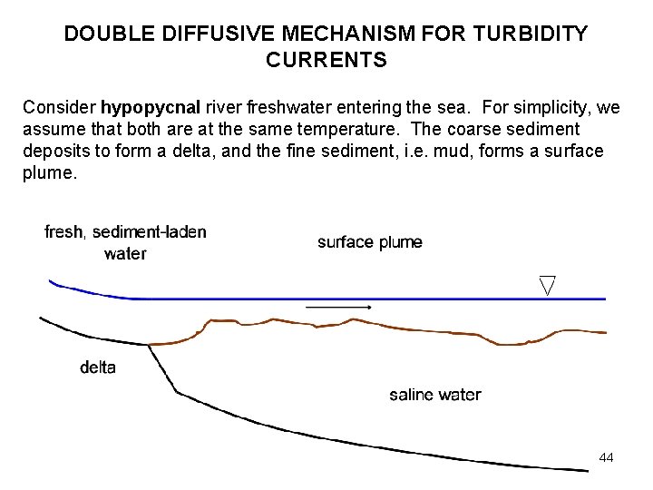 DOUBLE DIFFUSIVE MECHANISM FOR TURBIDITY CURRENTS Consider hypopycnal river freshwater entering the sea. For