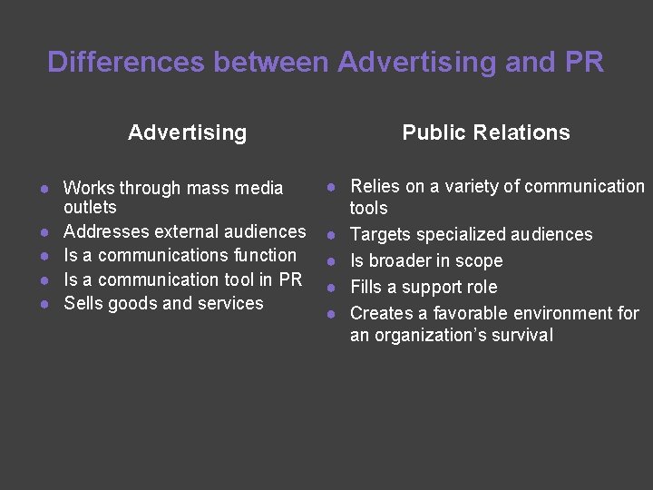 Differences between Advertising and PR Advertising ● Works through mass media outlets ● Addresses