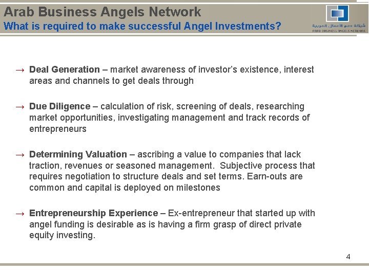 Arab Business Angels Network What is required to make successful Angel Investments? → Deal