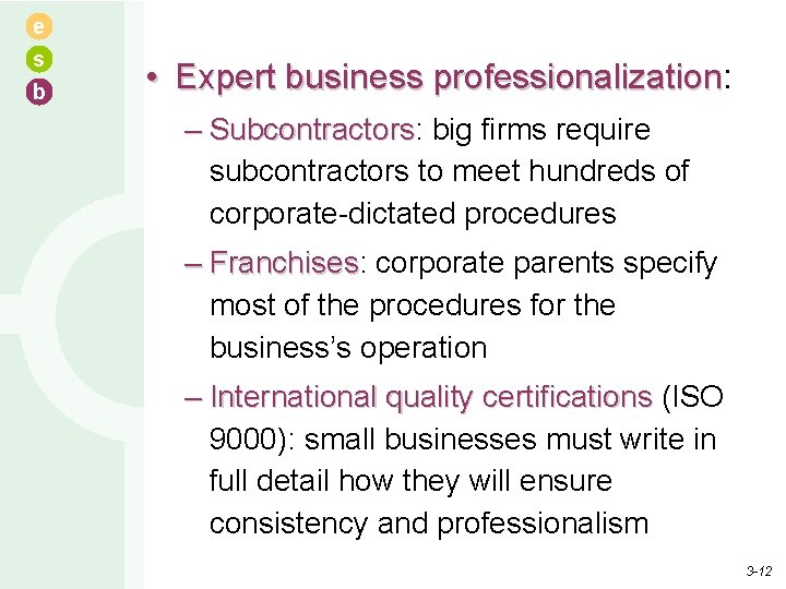 e s b • Expert business professionalization: professionalization – Subcontractors: Subcontractors big firms require