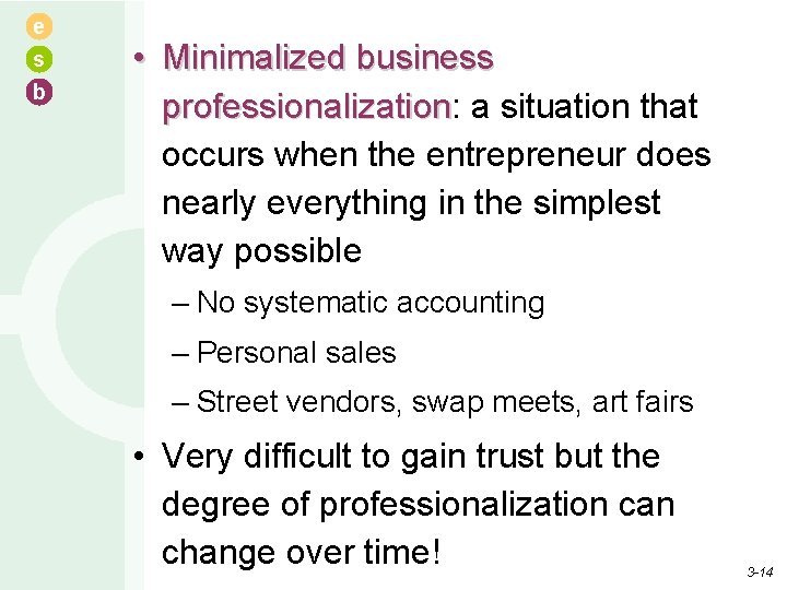 e s b • Minimalized business professionalization: professionalization a situation that occurs when the