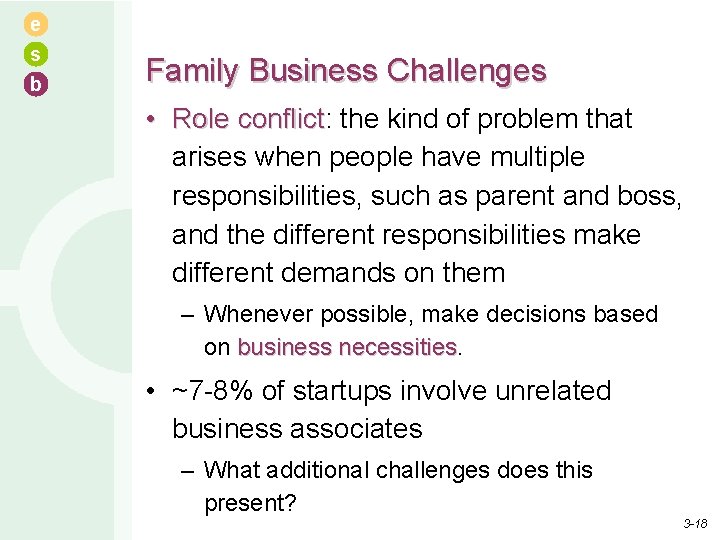 e s b Family Business Challenges • Role conflict: conflict the kind of problem