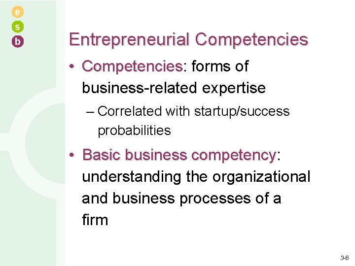 e s b Entrepreneurial Competencies • Competencies: Competencies forms of business-related expertise – Correlated