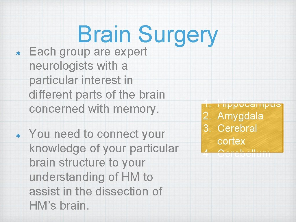 Brain Surgery Each group are expert neurologists with a particular interest in different parts Brain Surgery Each group are expert neurologists with a particular interest in different parts