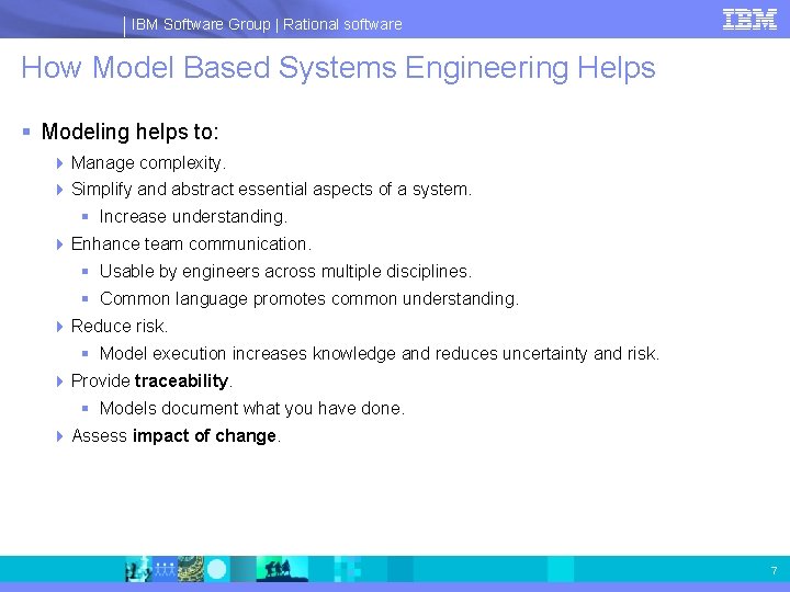 IBM Software Group | Rational software How Model Based Systems Engineering Helps § Modeling