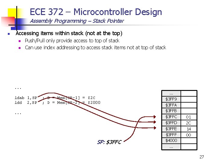 ECE 372 – Microcontroller Design Assembly Programming – Stack Pointer n Accessing items within