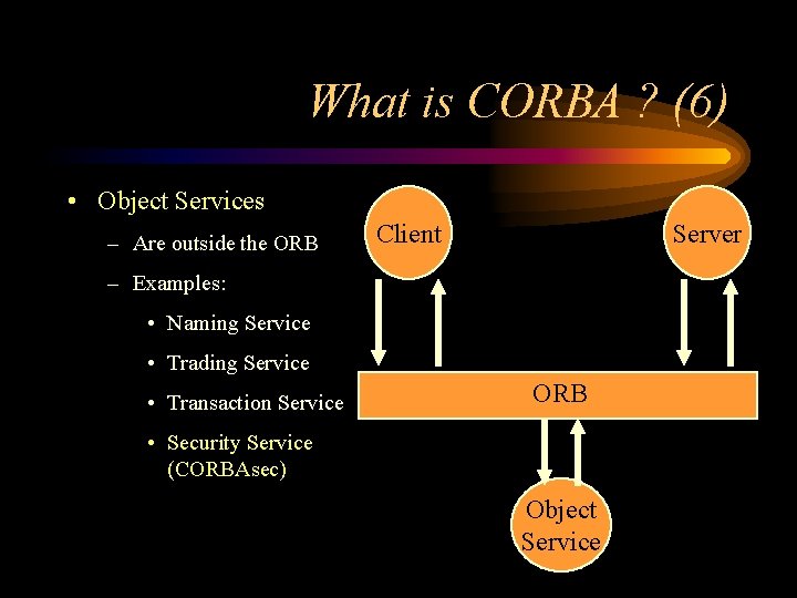 What is CORBA ? (6) • Object Services – Are outside the ORB Client