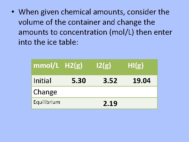  • When given chemical amounts, consider the volume of the container and change