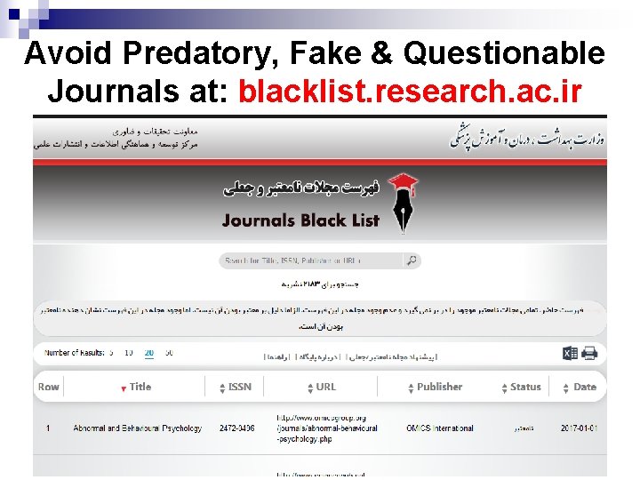 Avoid Predatory, Fake & Questionable Journals at: blacklist. research. ac. ir 