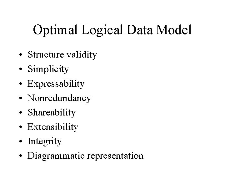 Optimal Logical Data Model • • Structure validity Simplicity Expressability Nonredundancy Shareability Extensibility Integrity