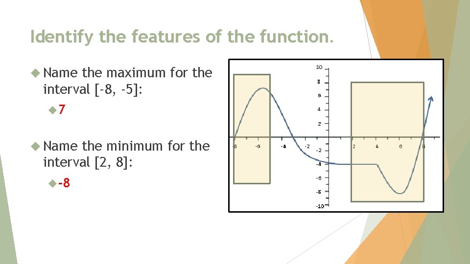 Identify the features of the function. Name the maximum for the interval [-8, -5]: